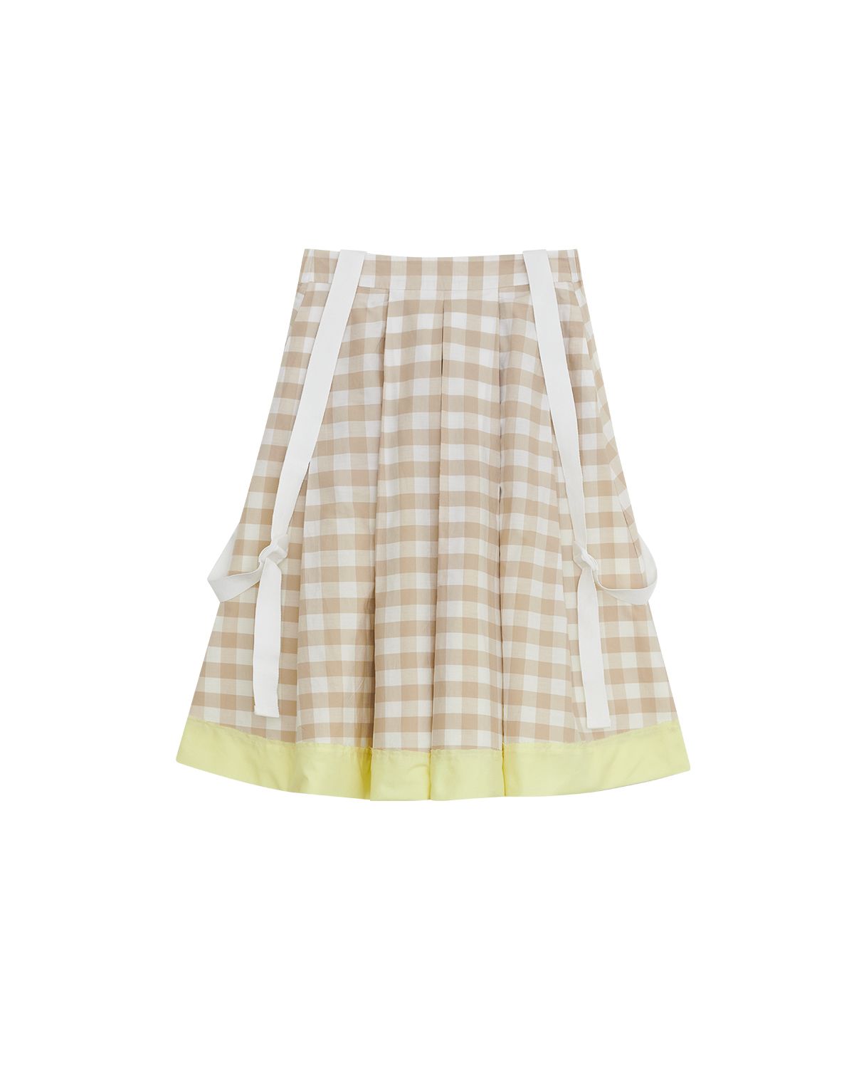 더뮤지엄비지터(THEMUSEUMVISITOR) W BONDAGE CHECK FLARE SKIRT (BEIGE)