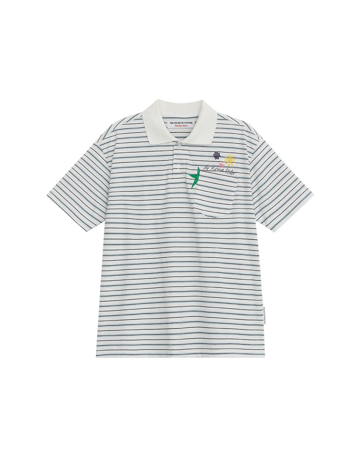 더뮤지엄비지터(THEMUSEUMVISITOR) FLOWER EMBROIDERY STRIPE COLLARED T-SHIRT (WHITE)