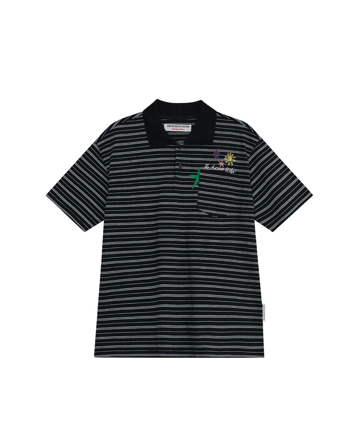 더뮤지엄비지터(THEMUSEUMVISITOR) FLOWER EMBROIDERY STRIPE COLLARED T-SHIRT (BLACK)