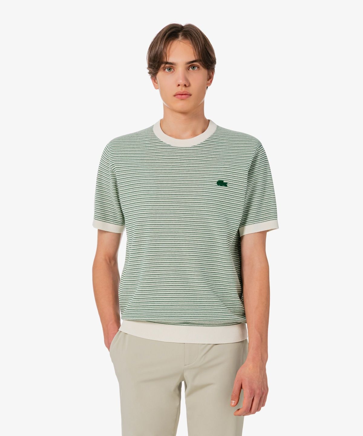 라코스테(LACOSTE) 남성 멀티 스트라이프 반팔 크루넥 풀오버 AH307E-56G 132
