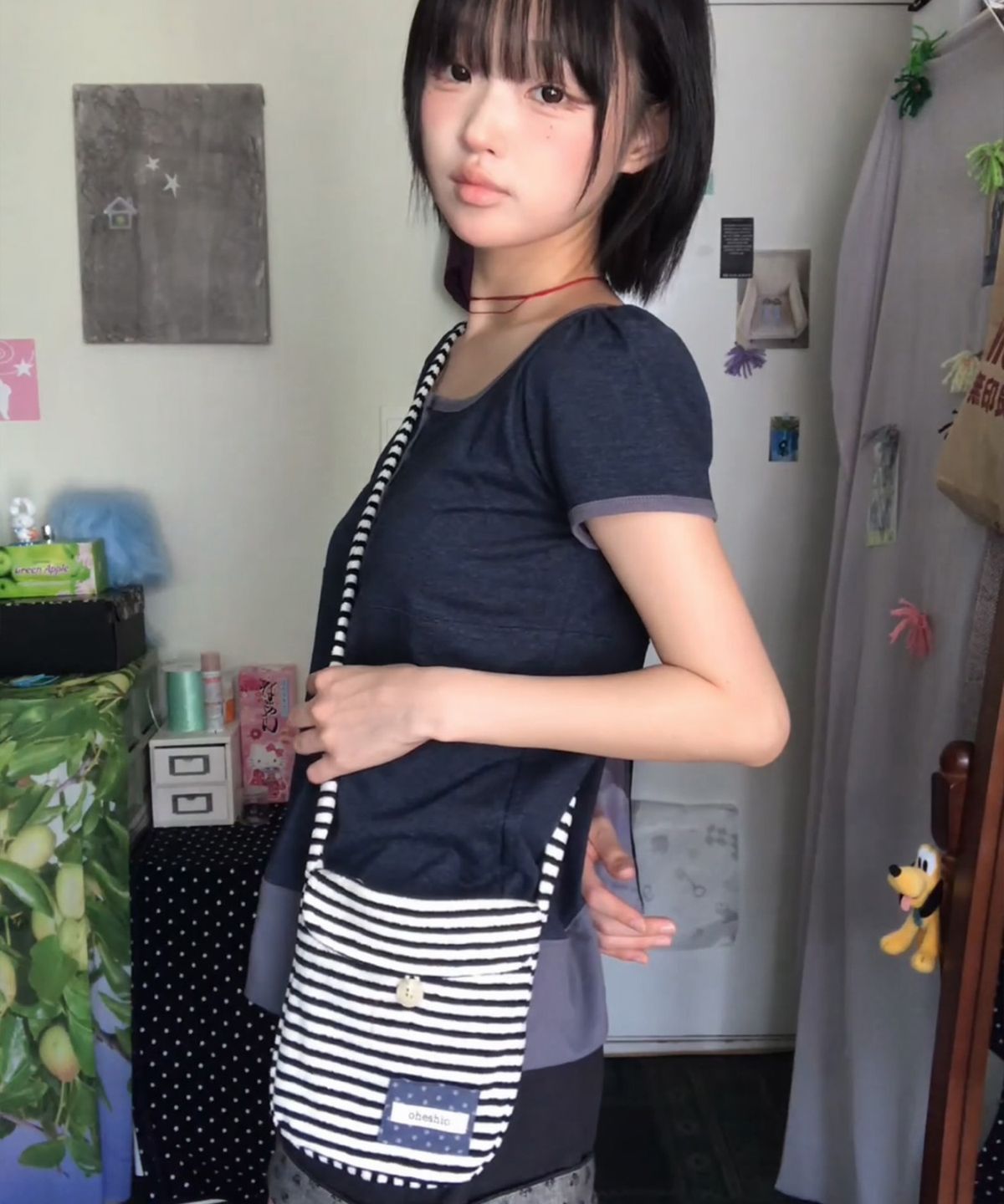 오헤시오(OHESHIO) STRIPE TERRY MINI CROSSBODY BAG, NAVY