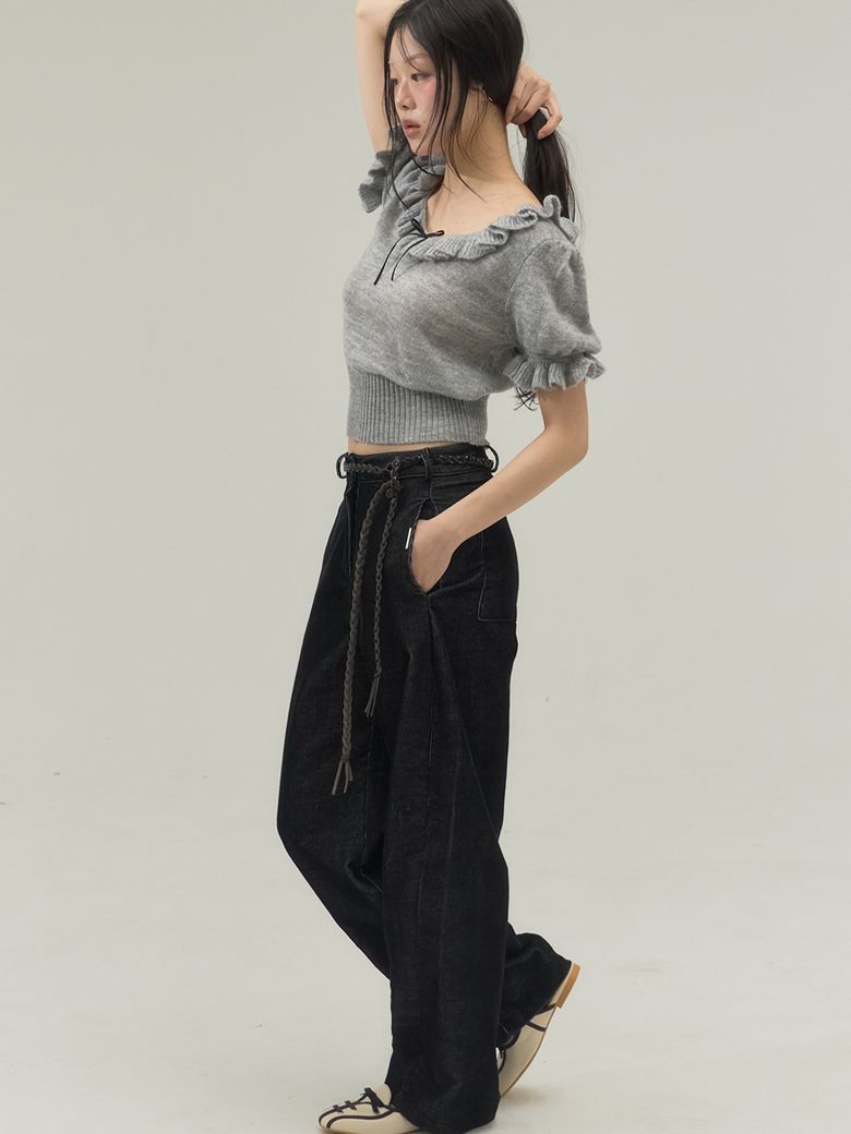 Ruffle Trim Ballet Mood Knit Top_Gray