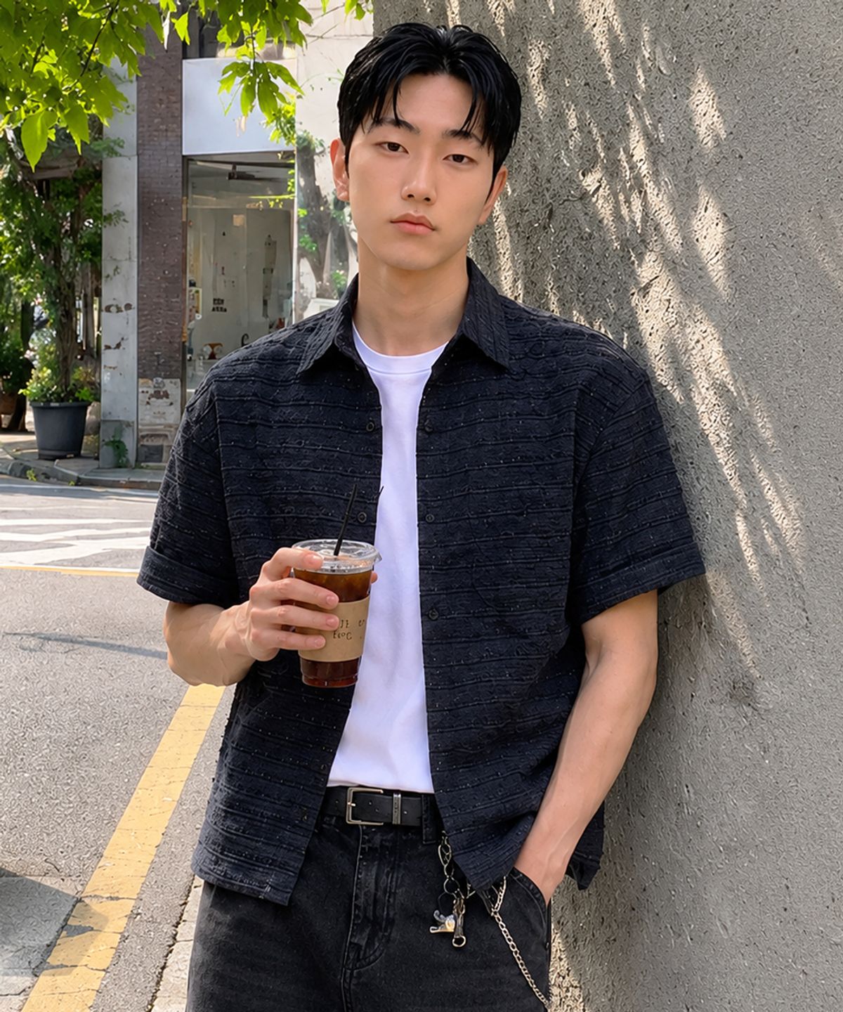 이코르(ECORR) 크링클 크롭 반팔 셔츠_차콜