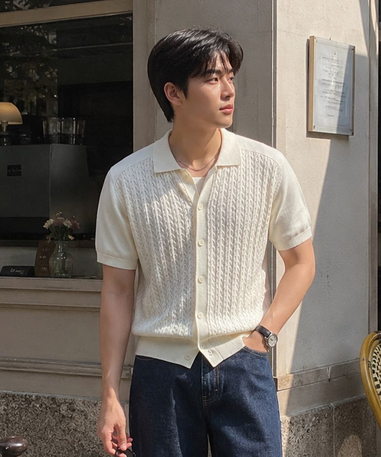 프론트 케이블 크롭 반팔 니트 가디건_아이보리
