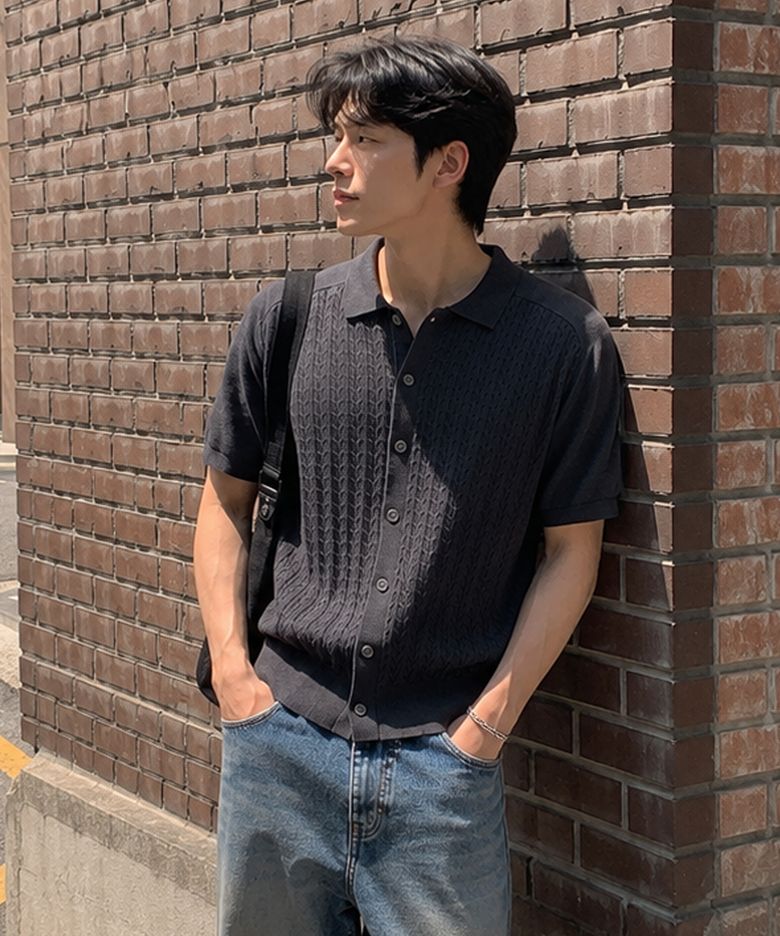 프론트 케이블 크롭 반팔 니트 가디건_차콜