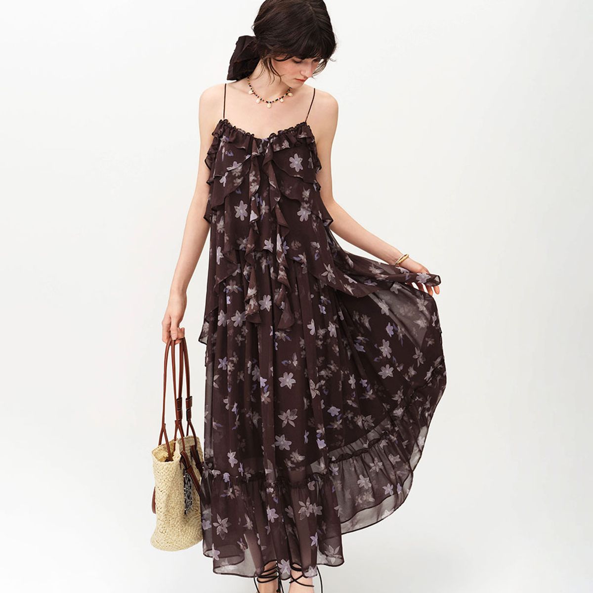 웬스데이딜라잇(WEDNESDAY DELIGHT) WD_Layered ruffle floral chiffon dress_BROWN