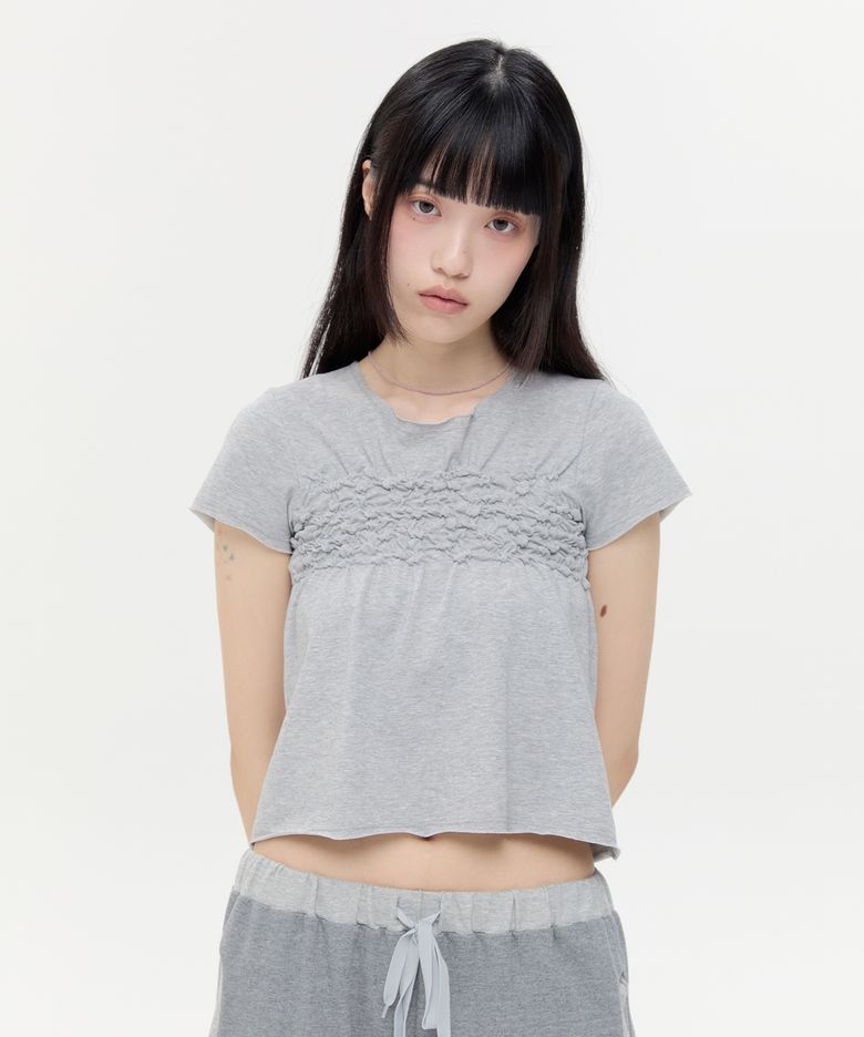 Raw Edge Shirred Top [Gray]