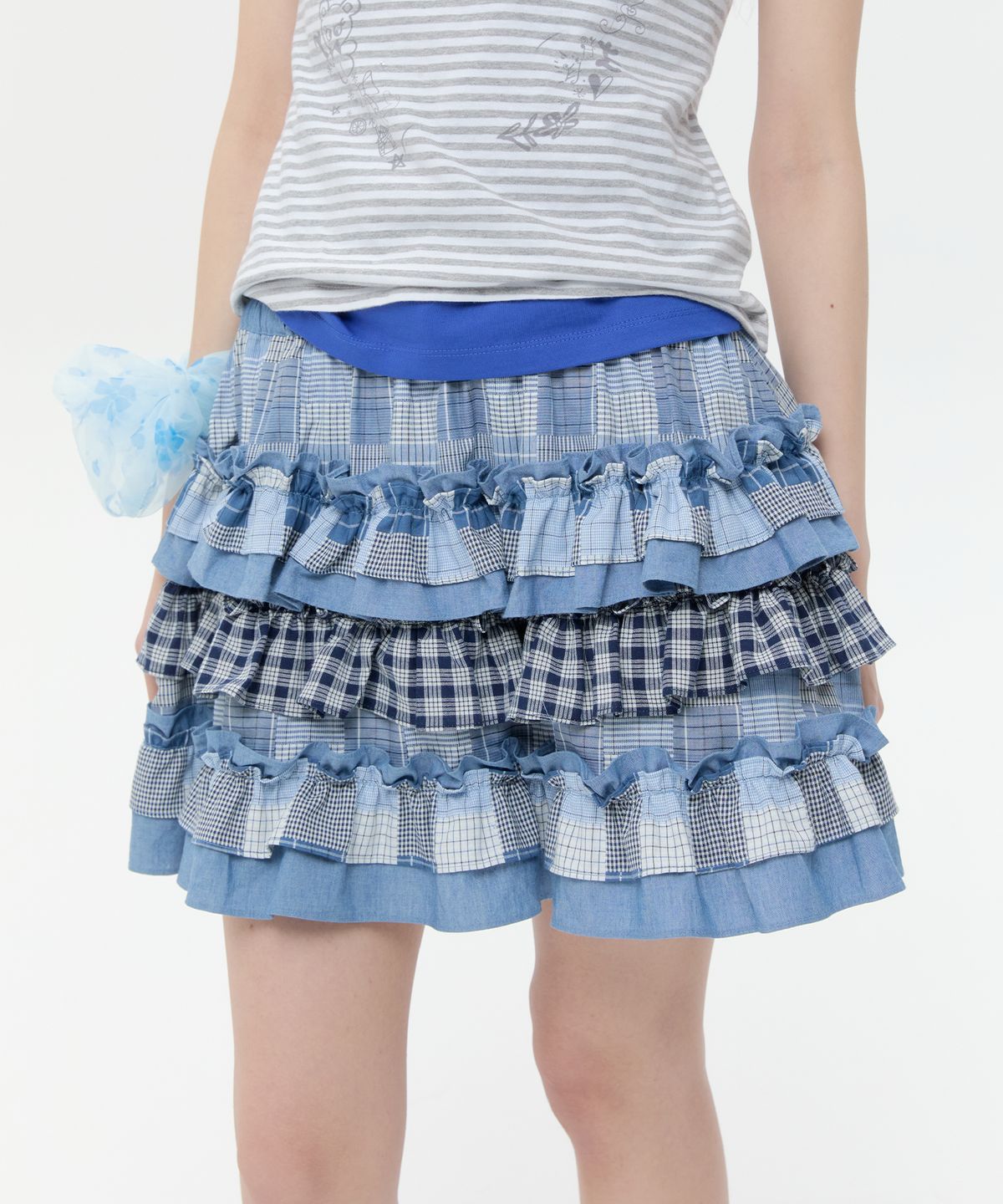 타입서비스(TYPESERVICE) Mixed Fabric Tiered Skirt [Blue]