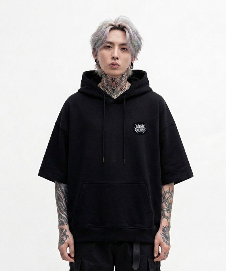 EV 메탈 패치 오버핏 반팔후드 (블랙)