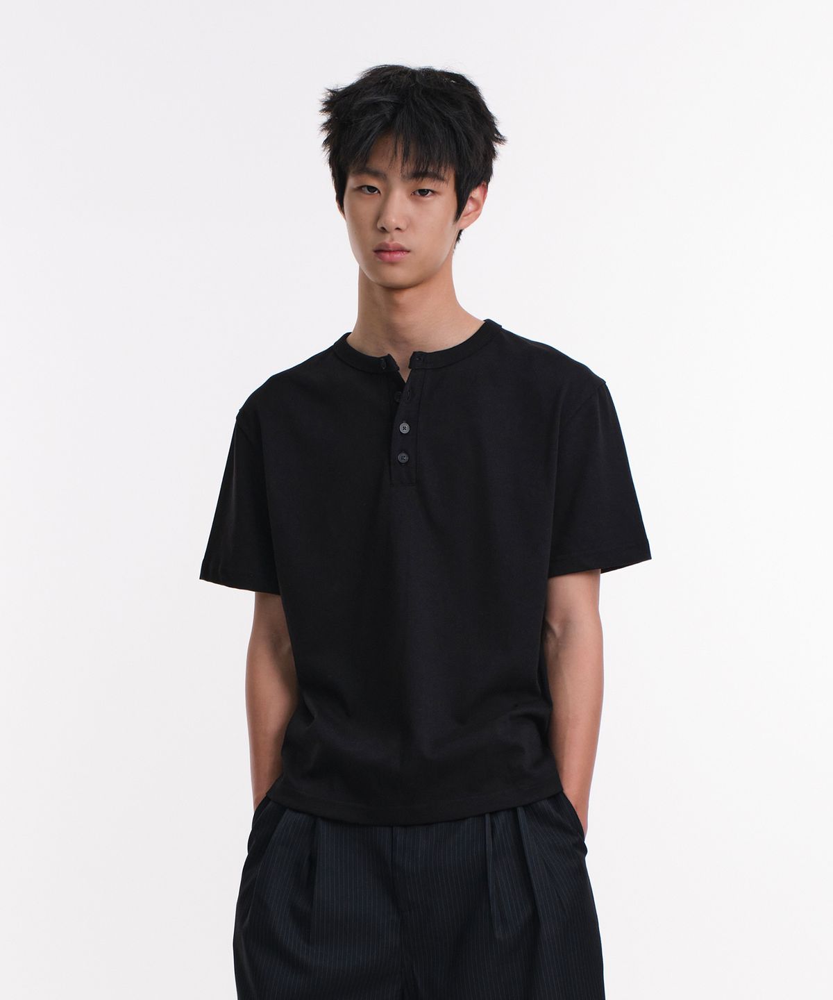 다이브인(DIVEIN) LOOSED HENLEY NECK T-SHIRTS (BLACK)
