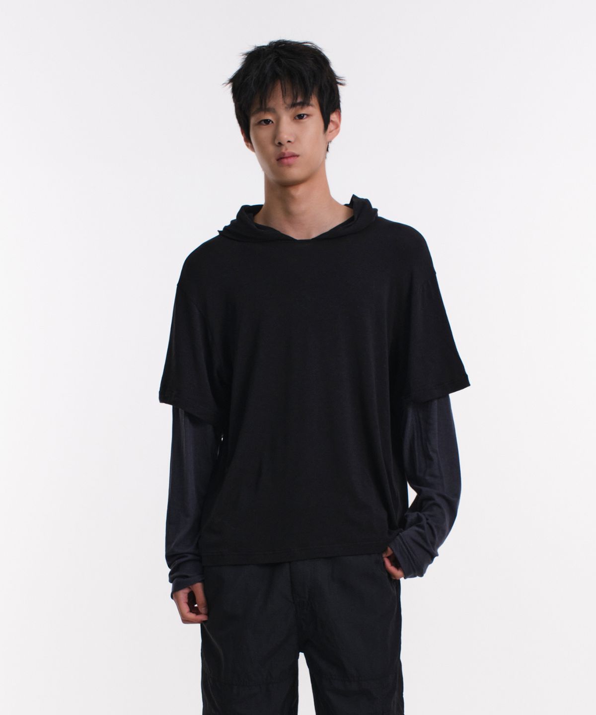 다이브인(DIVEIN) LAYERED SLEEVE SLUB HOOD (BLACK)