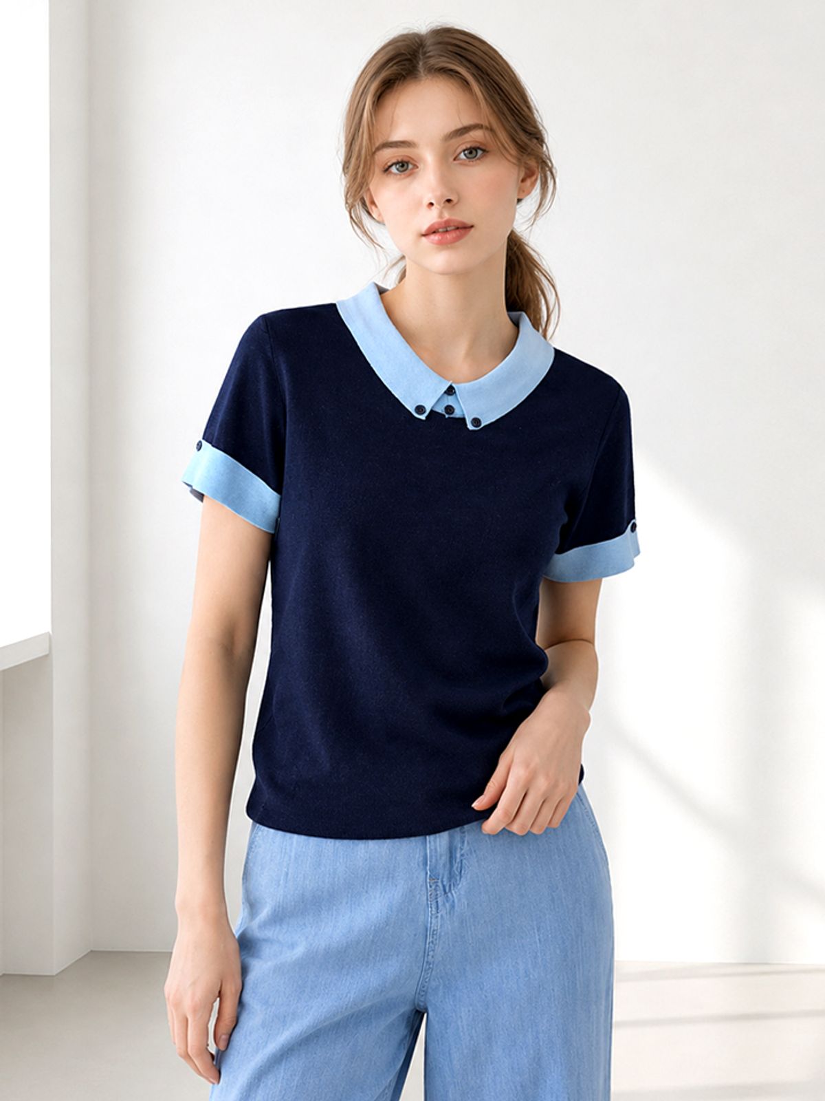 페이지플린(PAIGEFLYNN) 버튼카라배색골지니트_S6BKN003C