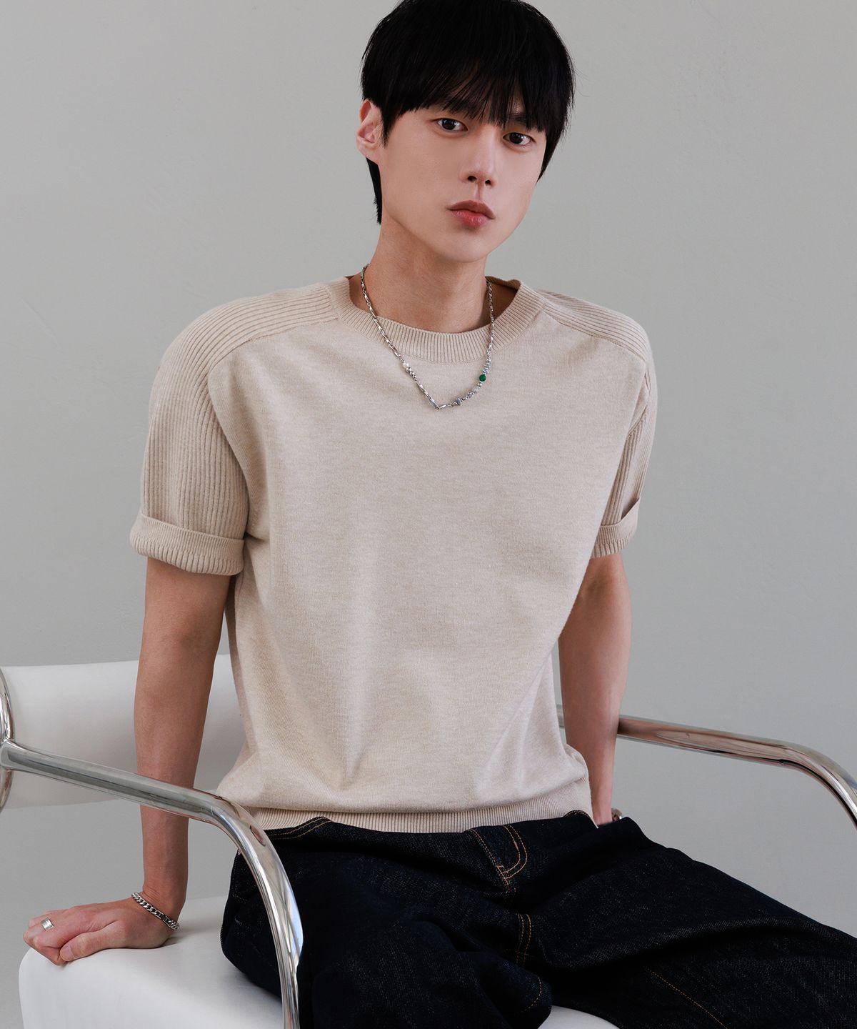 노드유(NODU) 믹스 골지 새들 크롭 하프 니트 [오트밀]