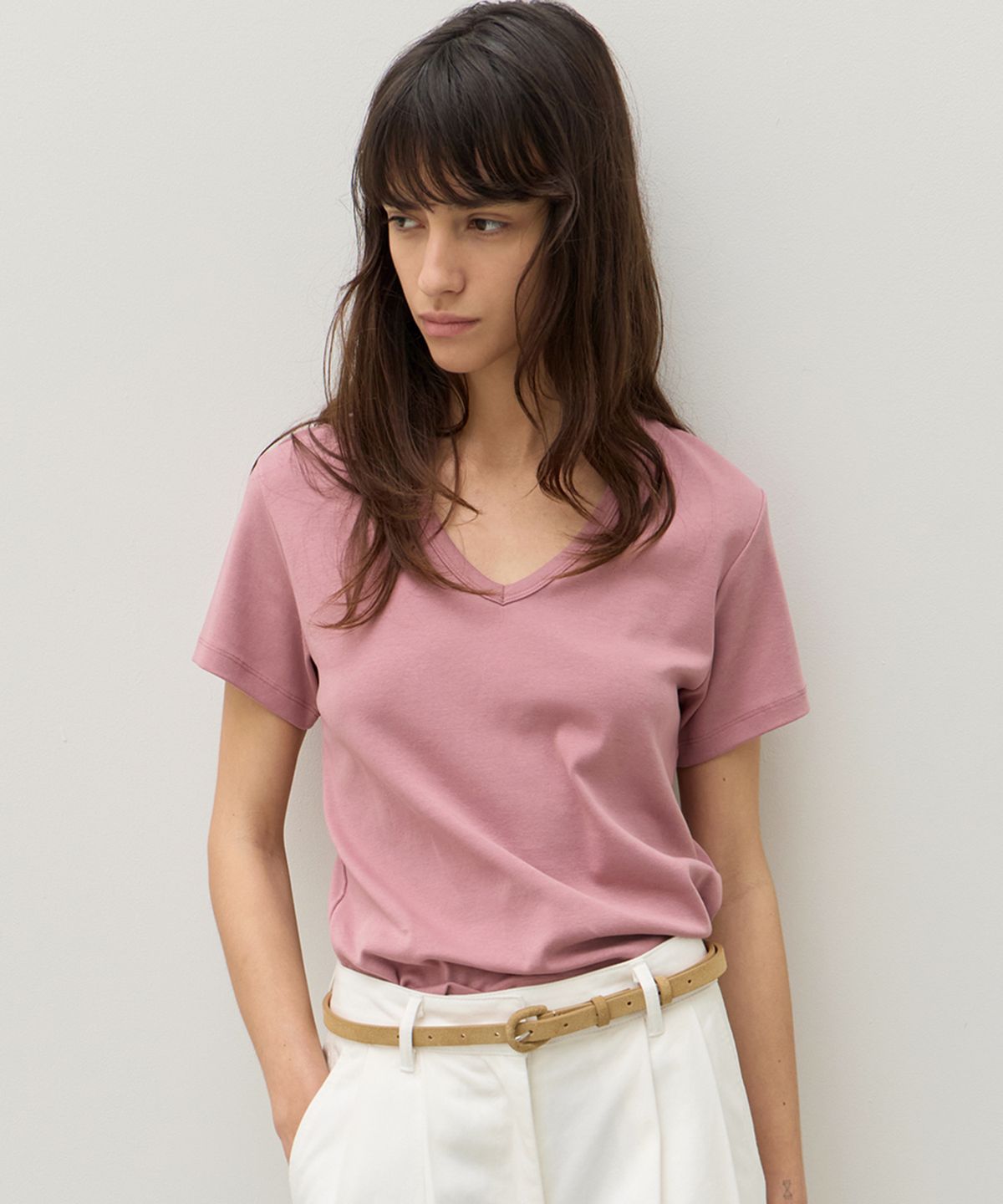 르바(LEVAR) All-day Cotton V-neck T-shirt - Dusty Rose