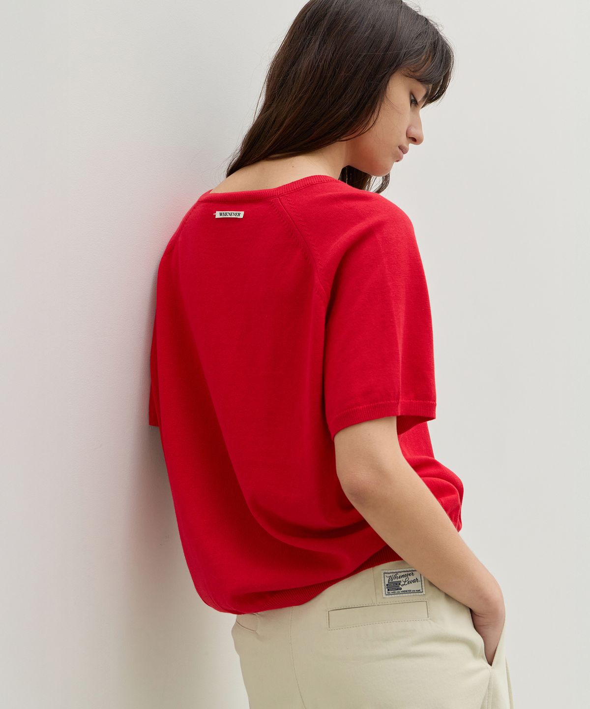 르바(LEVAR) Fresh Cotton V-Neck Knit - Tomato Red