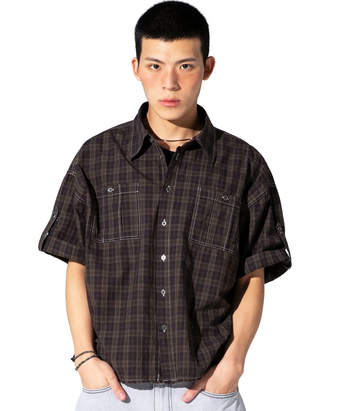 엑스톤즈(XTONZ) XTS045 러기드 크롭 체크 셔츠 (PURPLE/BROWN)