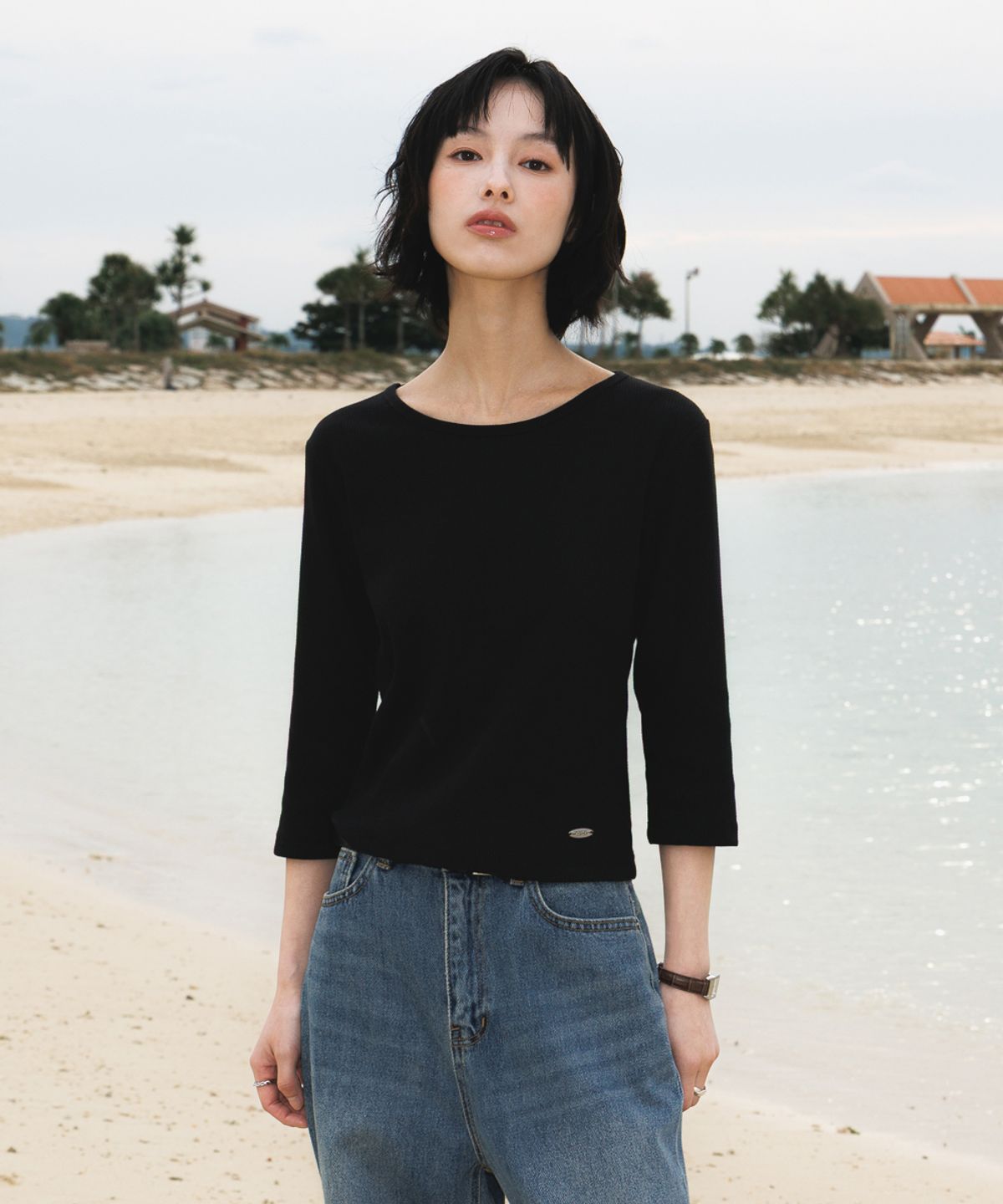 드헤베(DEHEVE) Basic Waffle T-Shirt [Black]