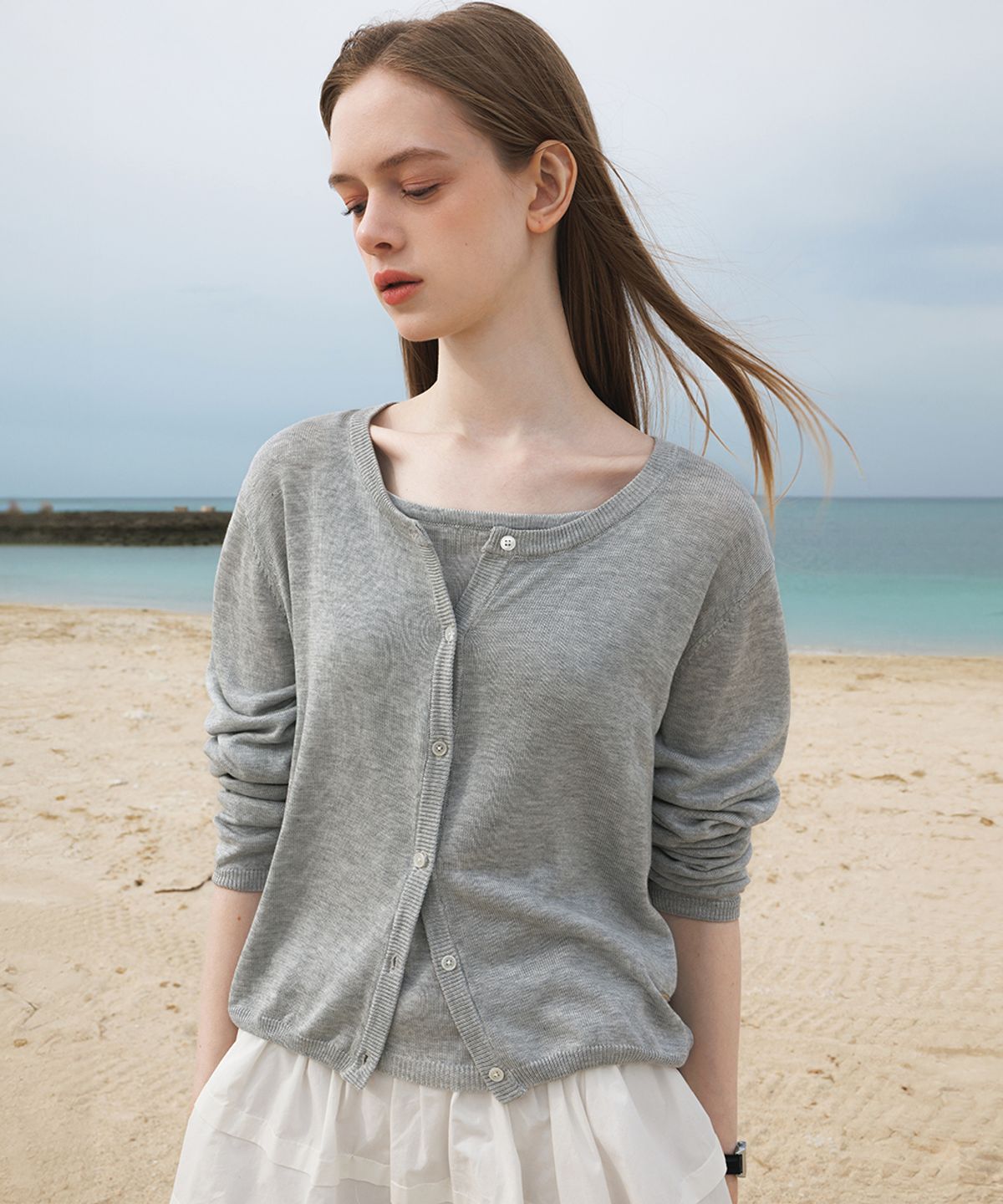 드헤베(DEHEVE) Summer Knit Cardigan Set [Gray]
