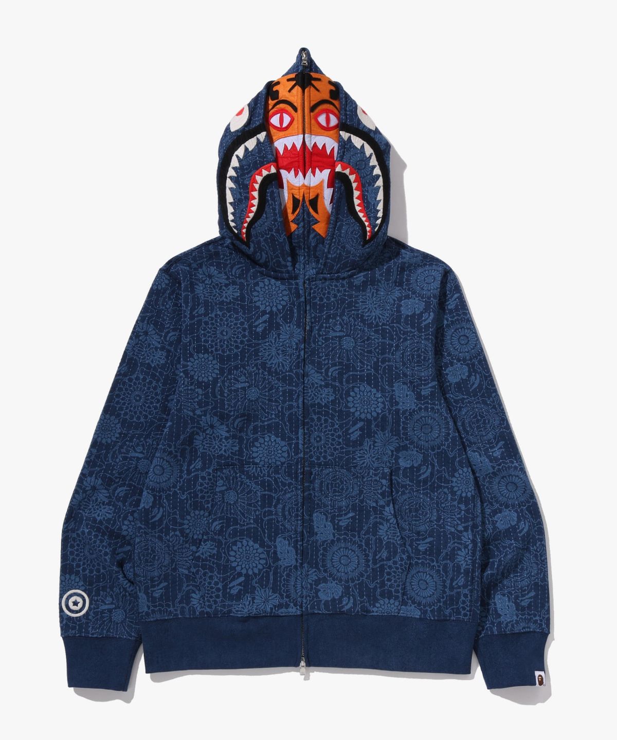 베이프(BAPE) 재패니즈 인디고 아트 카모 더블 타이거 샤크 풀 집 후드(M) INDIGO