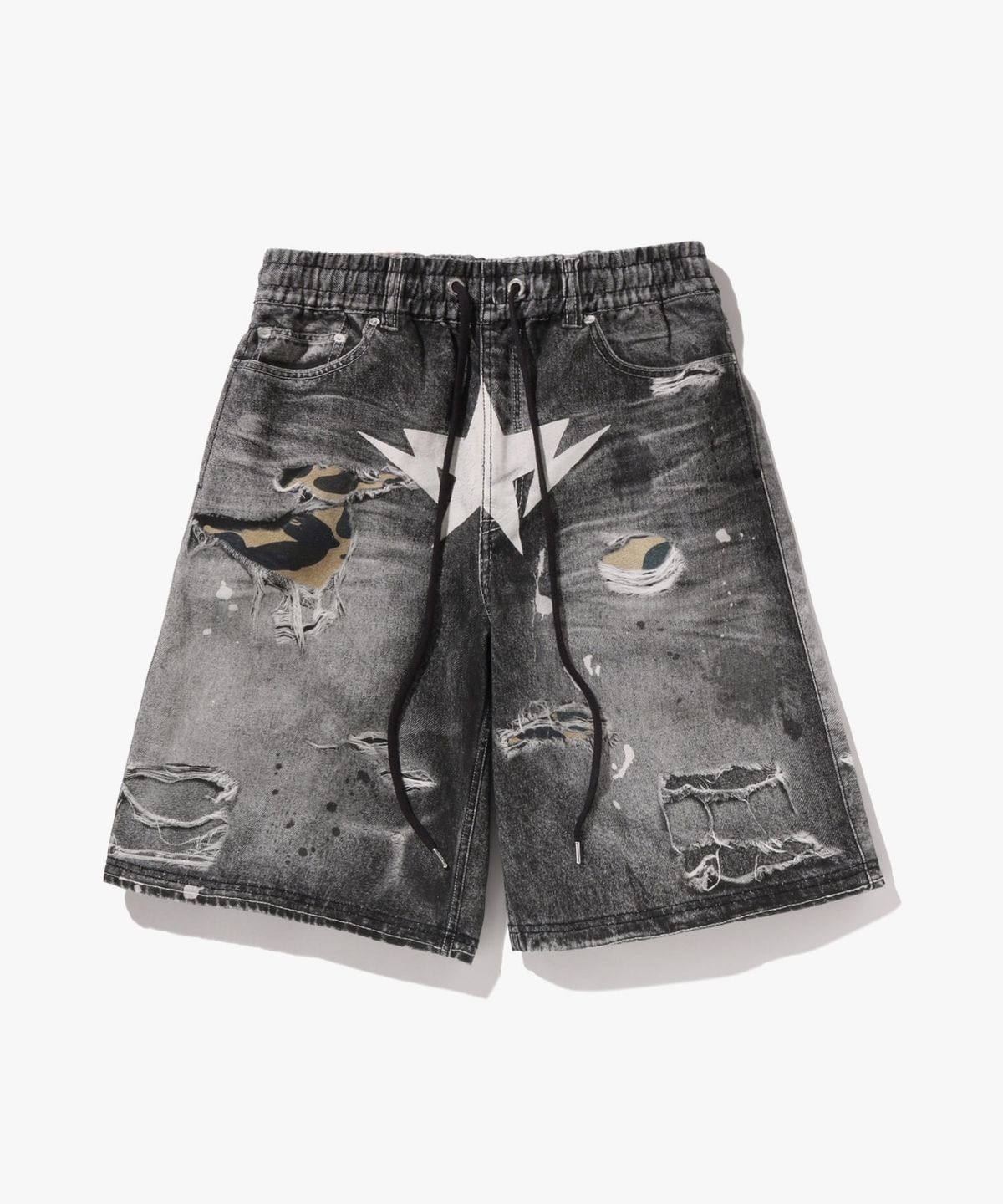 베이프(BAPE) 베이프 스타 페이크 프린트 릴렉스드 핏 쇼츠(M) BLACK