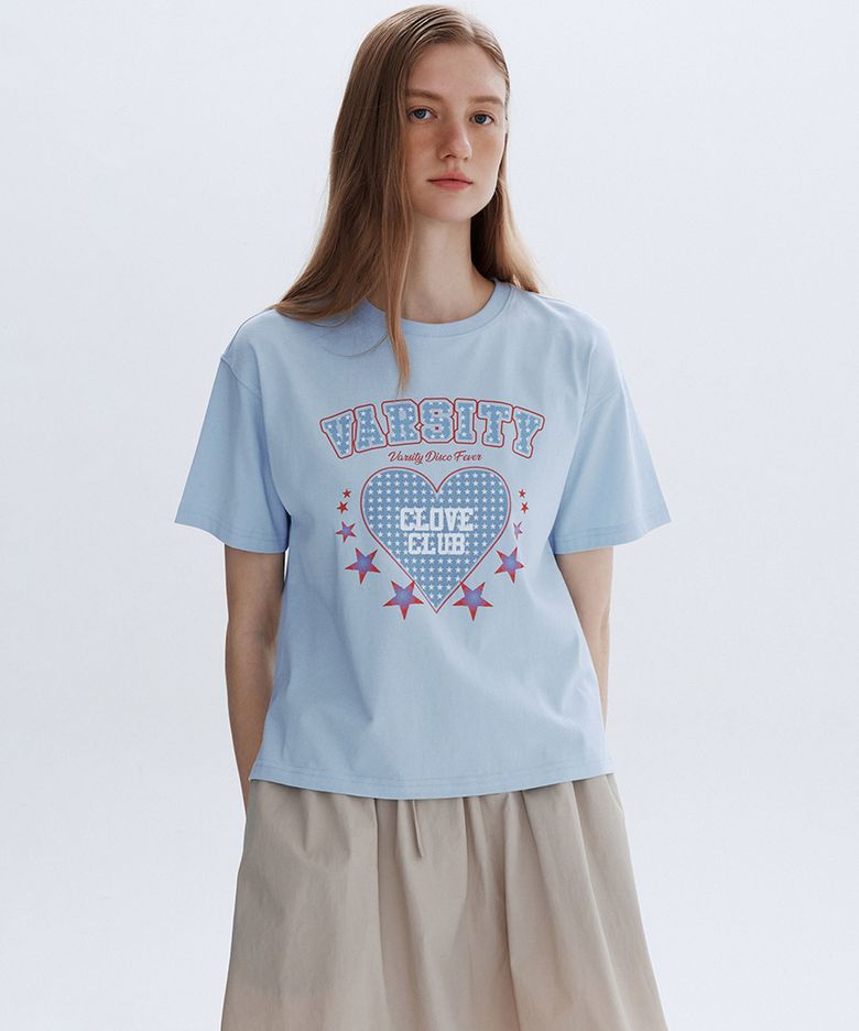 [26SM clove] Varsity Graphic Crop T-Shirt (Light Blue)
