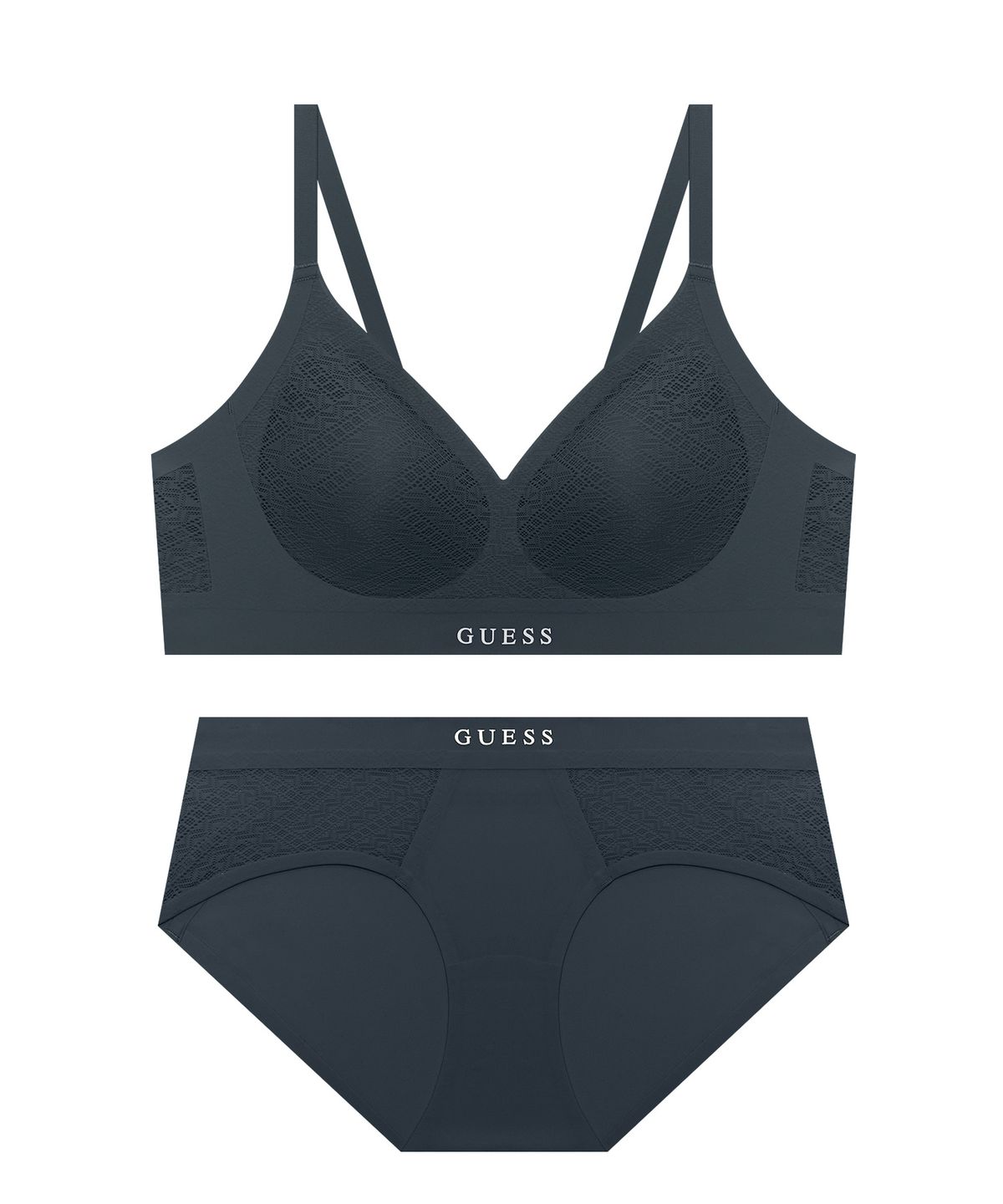 게스언더웨어(GUESS UNDERWEAR) 에어윙 레이스 노와이어 브라 팬티 세트 - 딥네이비