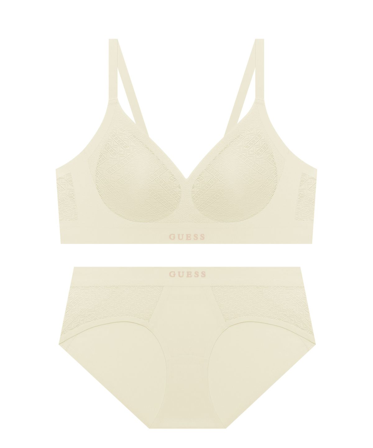 게스언더웨어(GUESS UNDERWEAR) 에어윙 레이스 노와이어 브라 팬티 세트 - 크림