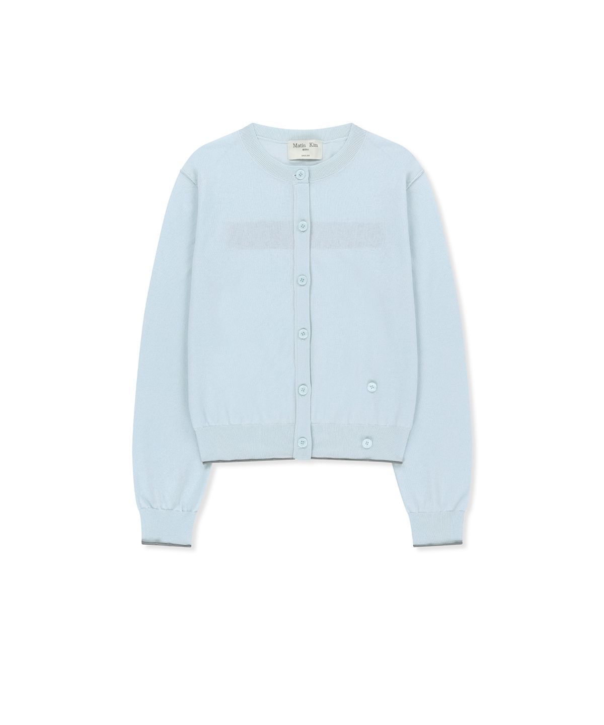 마뗑킴(MATIN KIM) BACK LOGO SHEER CARDIGAN FOR WOMEN IN LIGHT BLUE