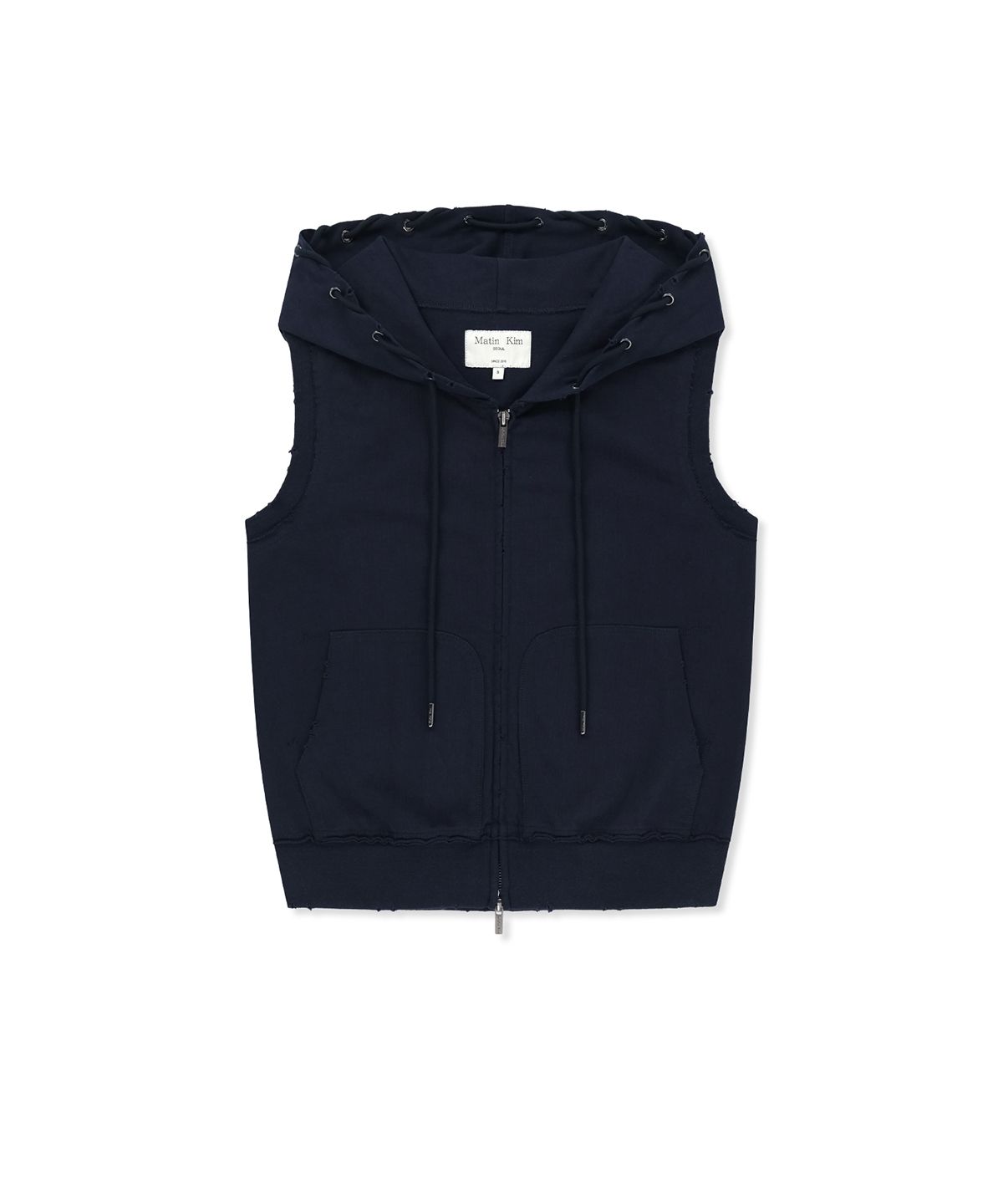 마뗑킴(MATIN KIM) BACK LOGO JERSEY HOOD VEST IN NAVY