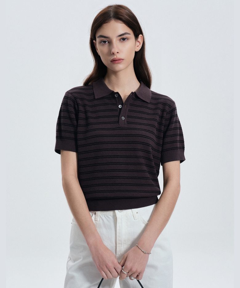 W Striped Polo Washable Knit (Greyish Brown) TNSW6E202W2