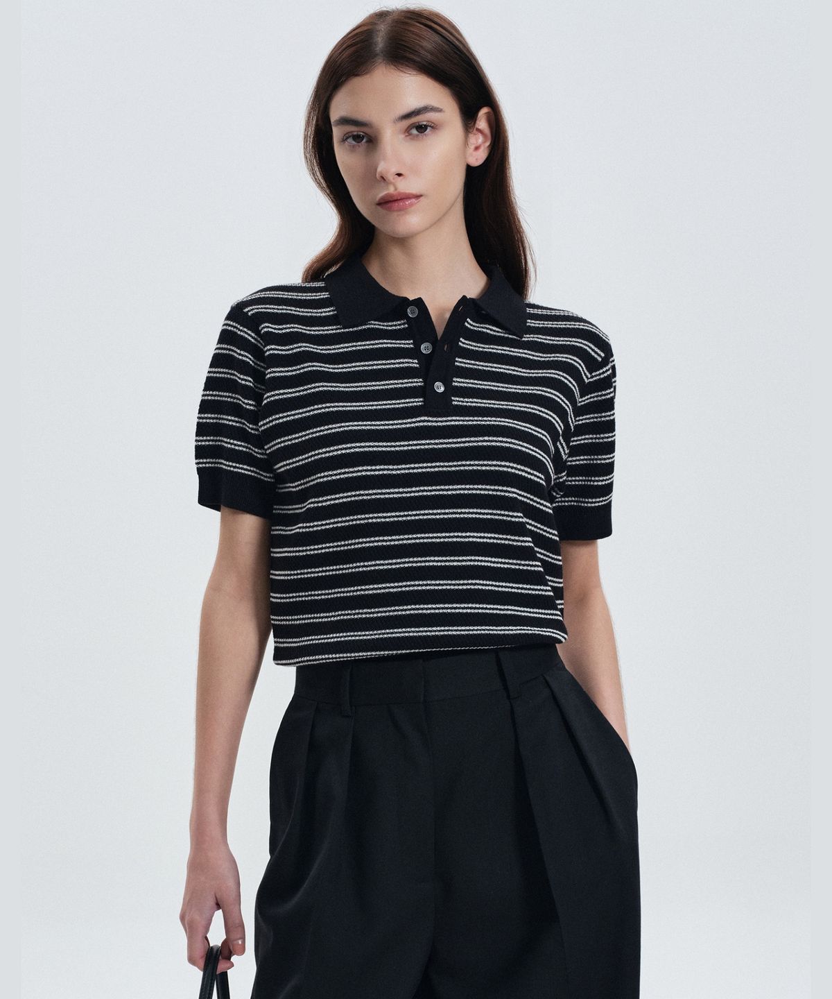 티엔지티 우먼(TNGT WOMAN) W Striped Polo Washable Knit (Black) TNSW6E202BK