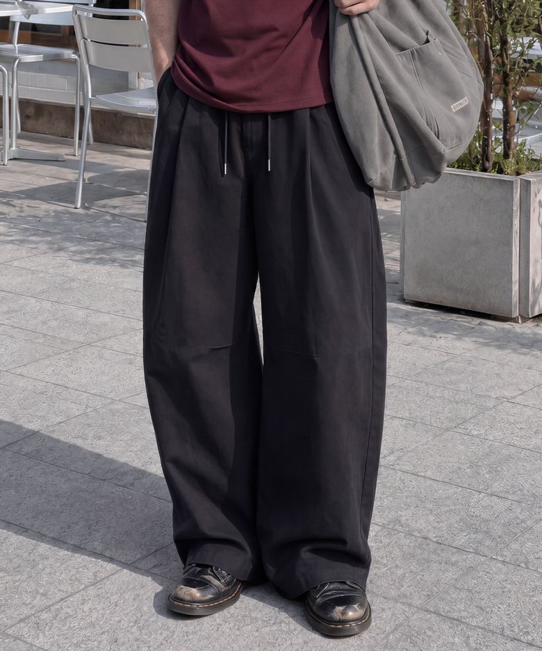 원턱 커브드 린넨 팬츠-블랙