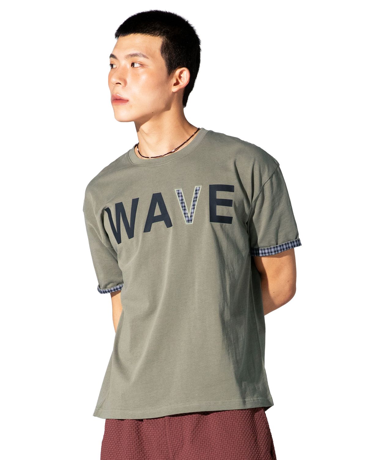 엑스톤즈(XTONZ) XTT163 웨이브 체크 롤업 티셔츠 (KHAKI)
