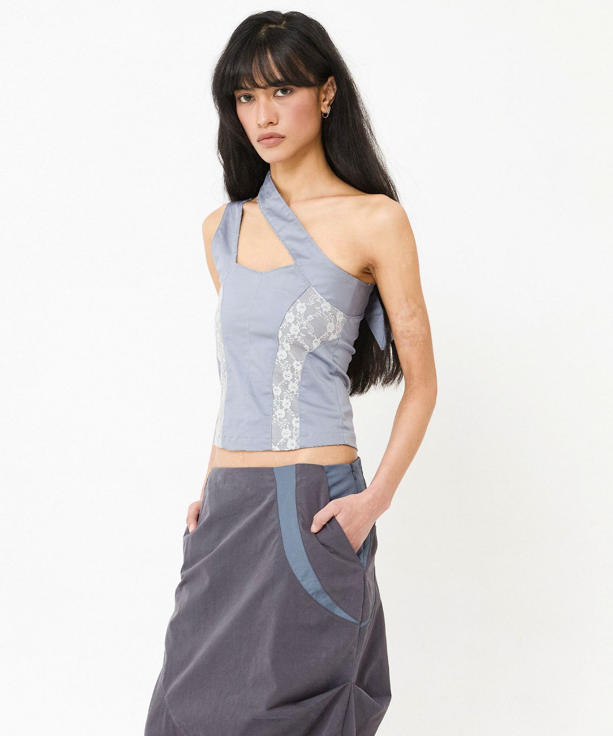 웻태그(WET TAG) ASYMMETRIC STRAP CONTOUR LACE CORSET TOP DUSTY BLUE