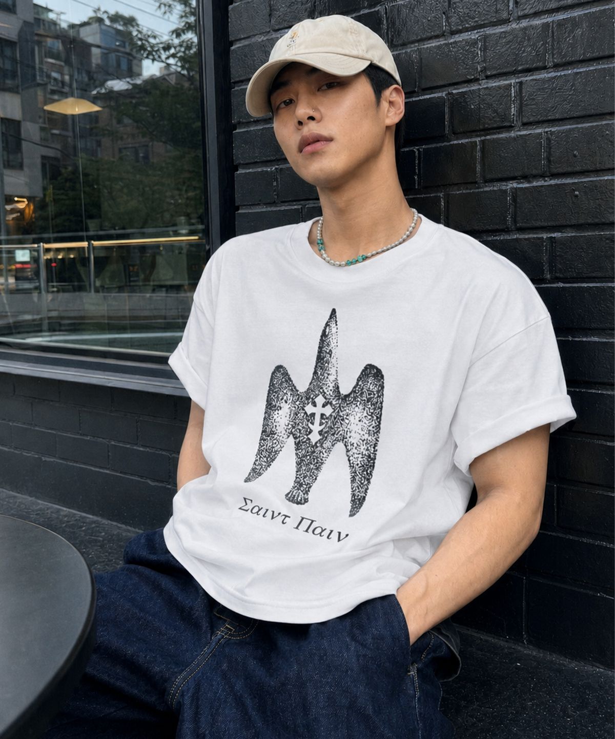 세인트페인(SAINTPAIN) SP 헤비웨이트 스톤 버드 반팔티 화이트