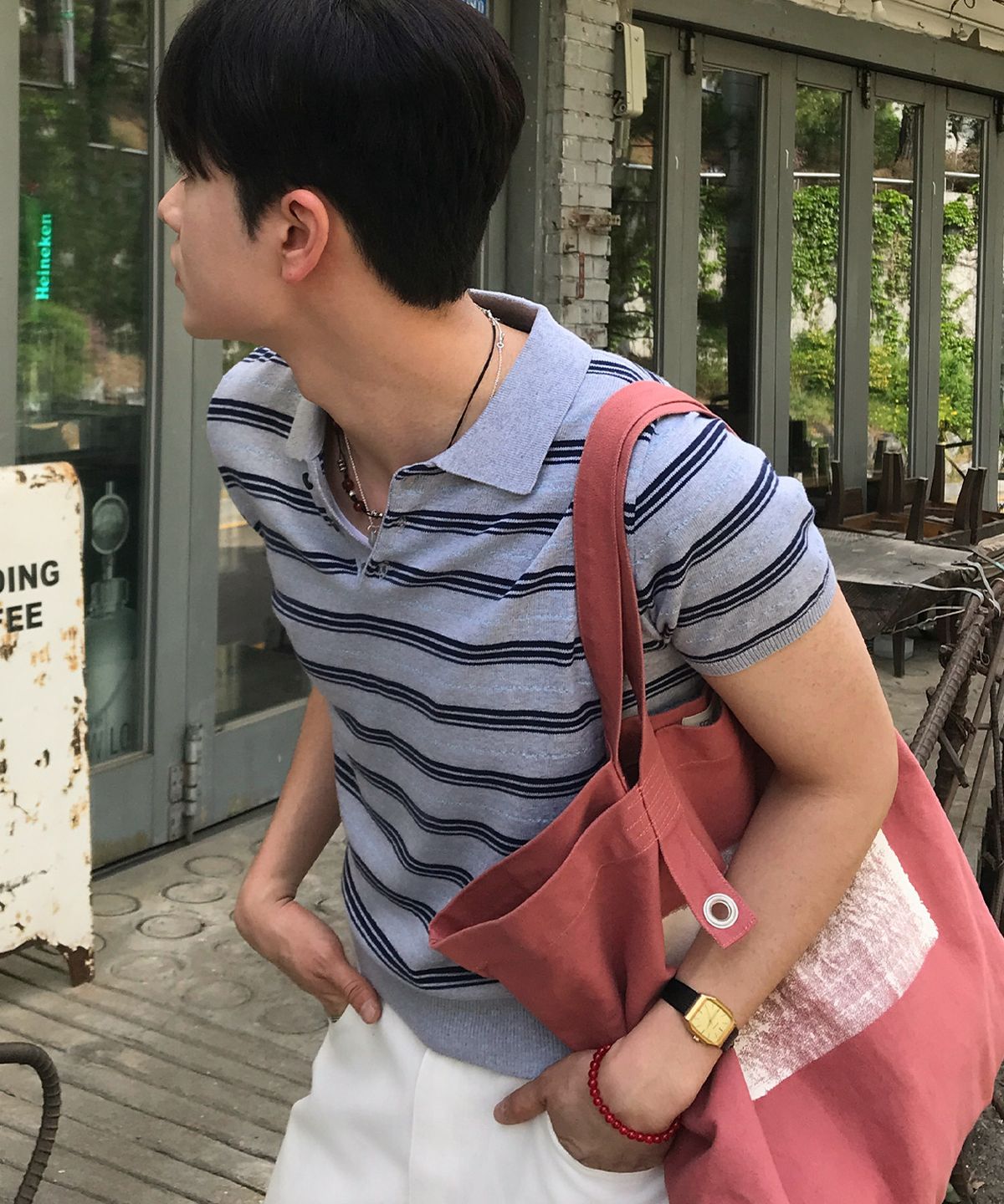 르아르(LEIRE) 스트라이프 카라 반팔 크롭 니트 [그레이]