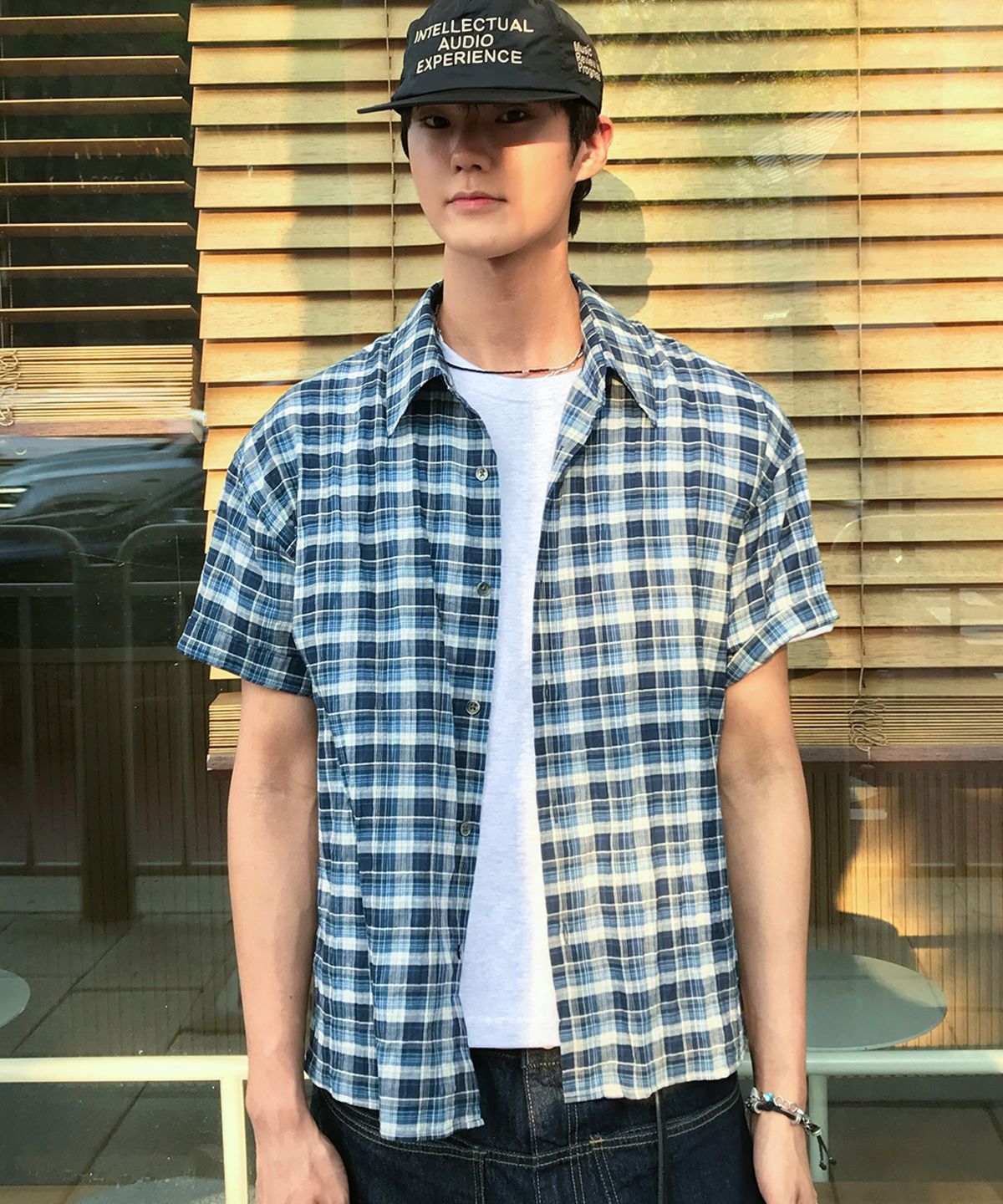 르아르(LEIRE) 시어서커 체크 크롭 반팔 셔츠 [블루]