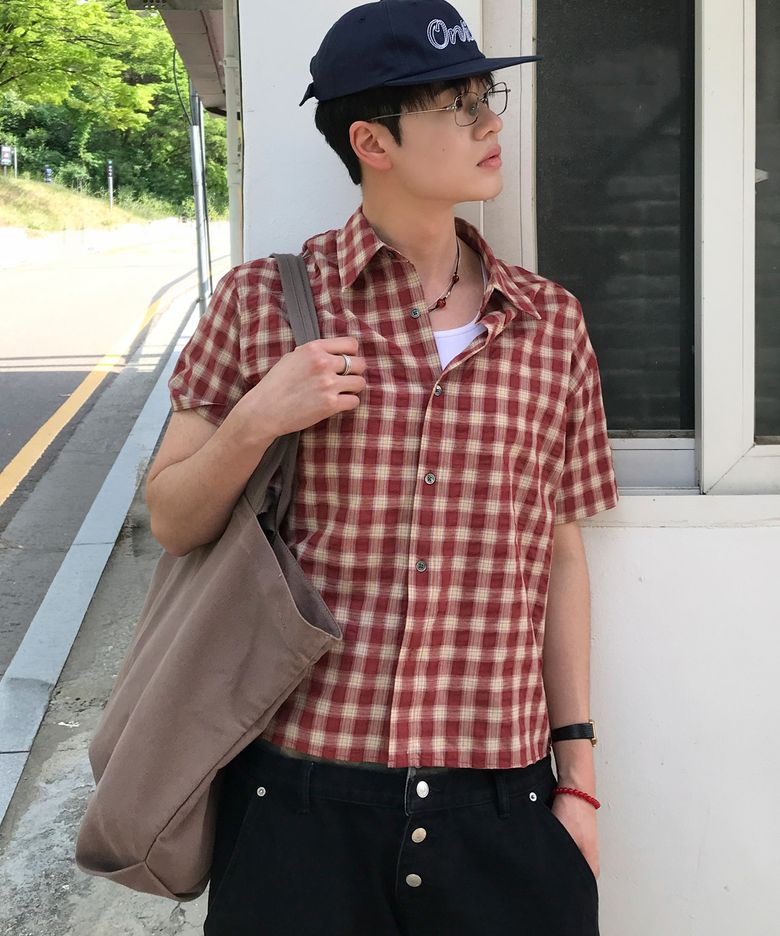 크링클 빈티지 체크 반팔 셔츠 [레드]