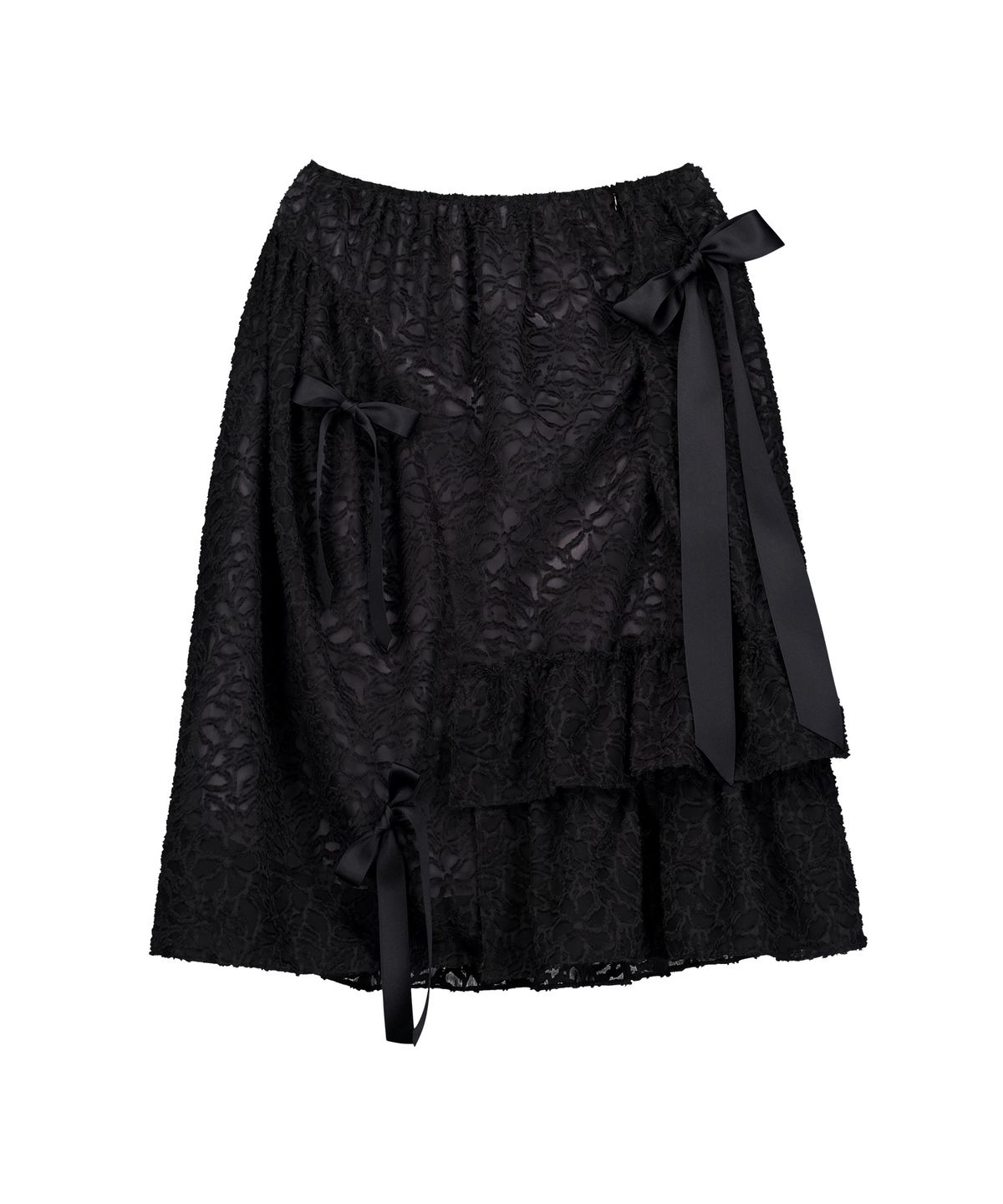 센뉴(SENUE) Floral Sheer Ruffle Ribbon Skirt (BLACK)