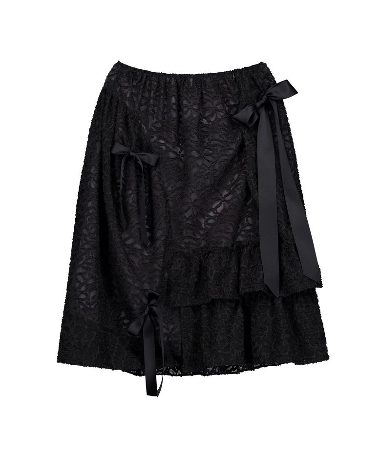 Floral Sheer Ruffle Ribbon Skirt (BLACK)