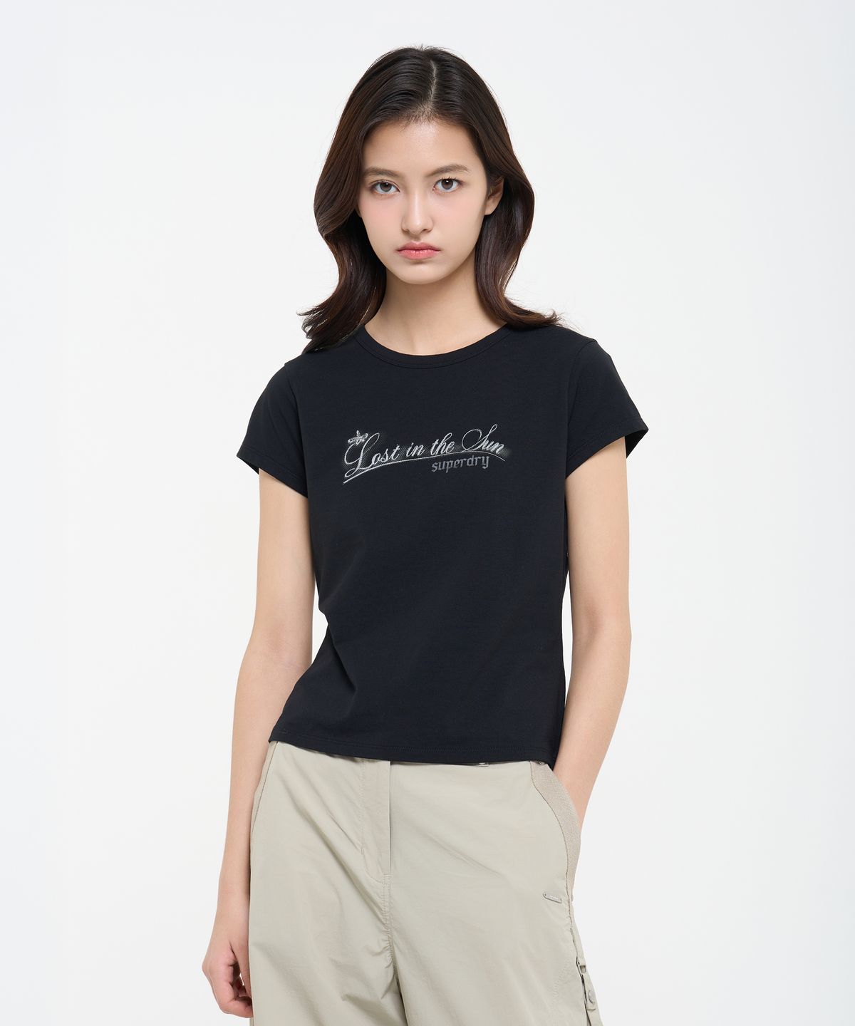 슈퍼드라이(SUPERDRY) 우먼스 캡 슬리브 티셔츠 블랙 SDFISCQ41BLK