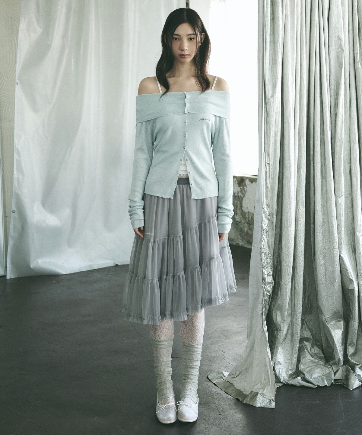닉앤니콜(NICK&NICOLE) TIERED SHEER LONG SKIRT_GRAY