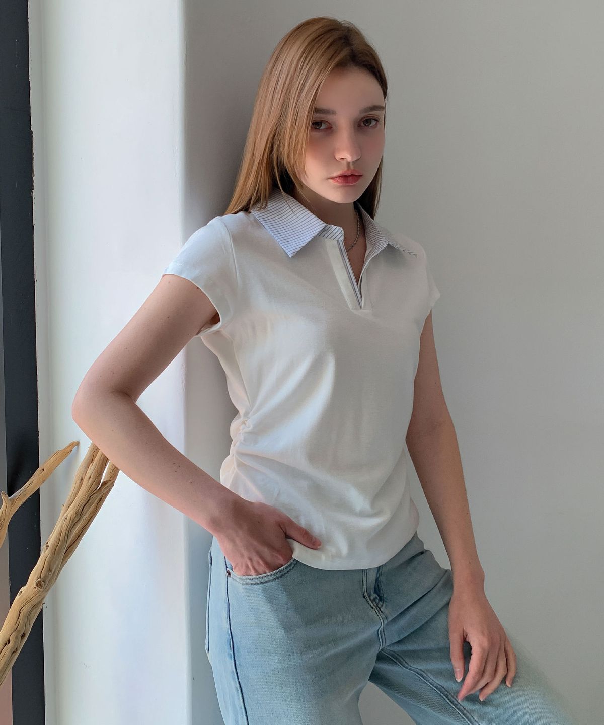 바스카라(VASCARA) Stripe Collar Shirring Short Sleeved T-Shirt (3colors)
