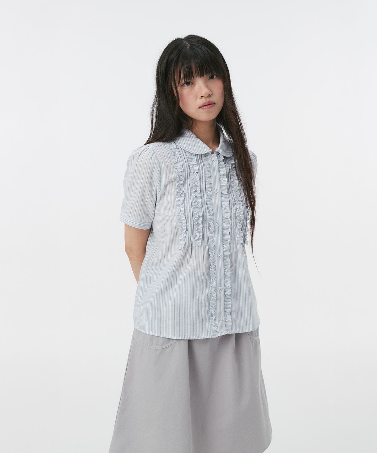 오헤시오(OHESHIO) ROUND COLLAR FRILL BLOUSE, STRIPE