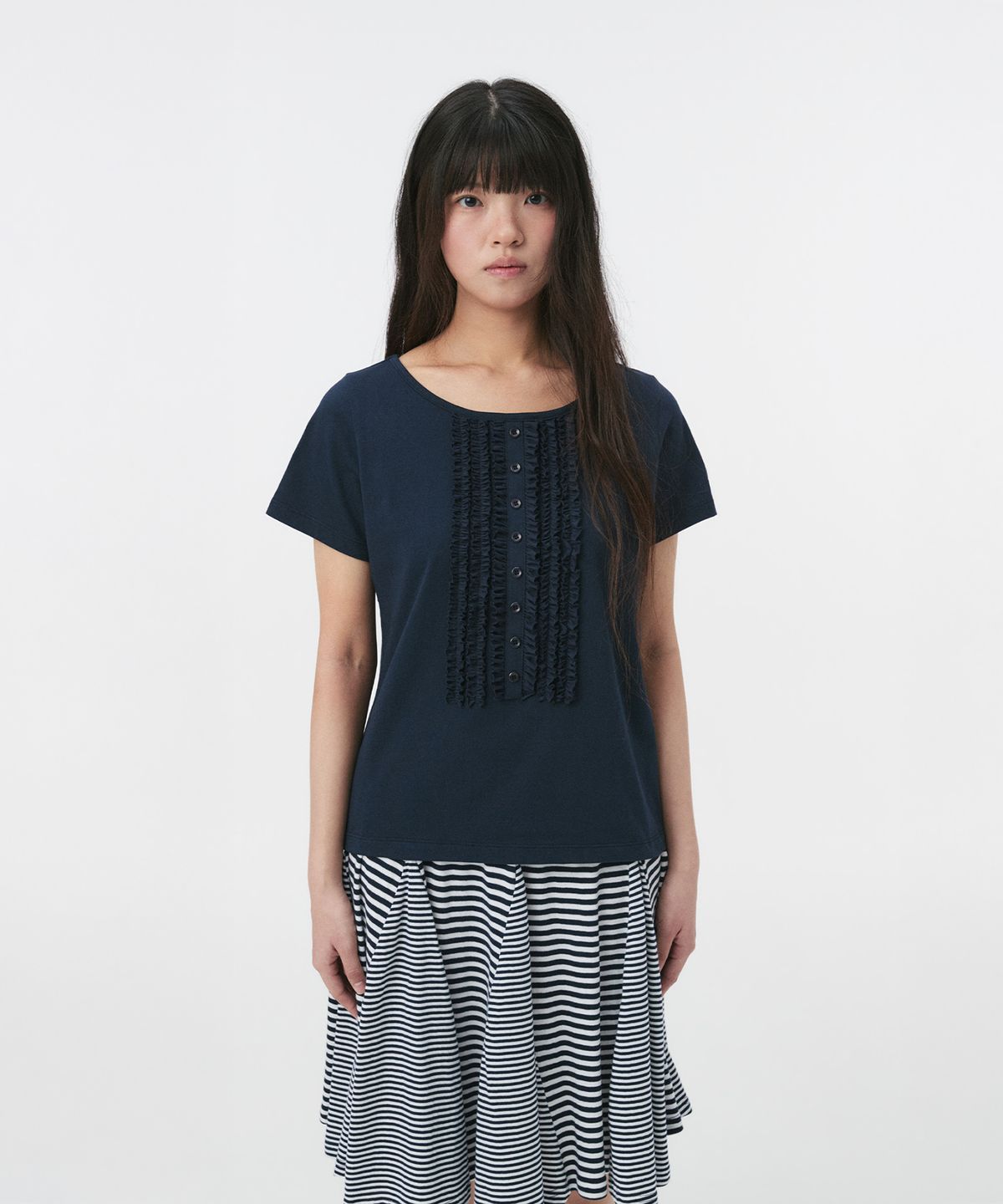 오헤시오(OHESHIO) FRILL JERSEY T-SHIRT, NAVY