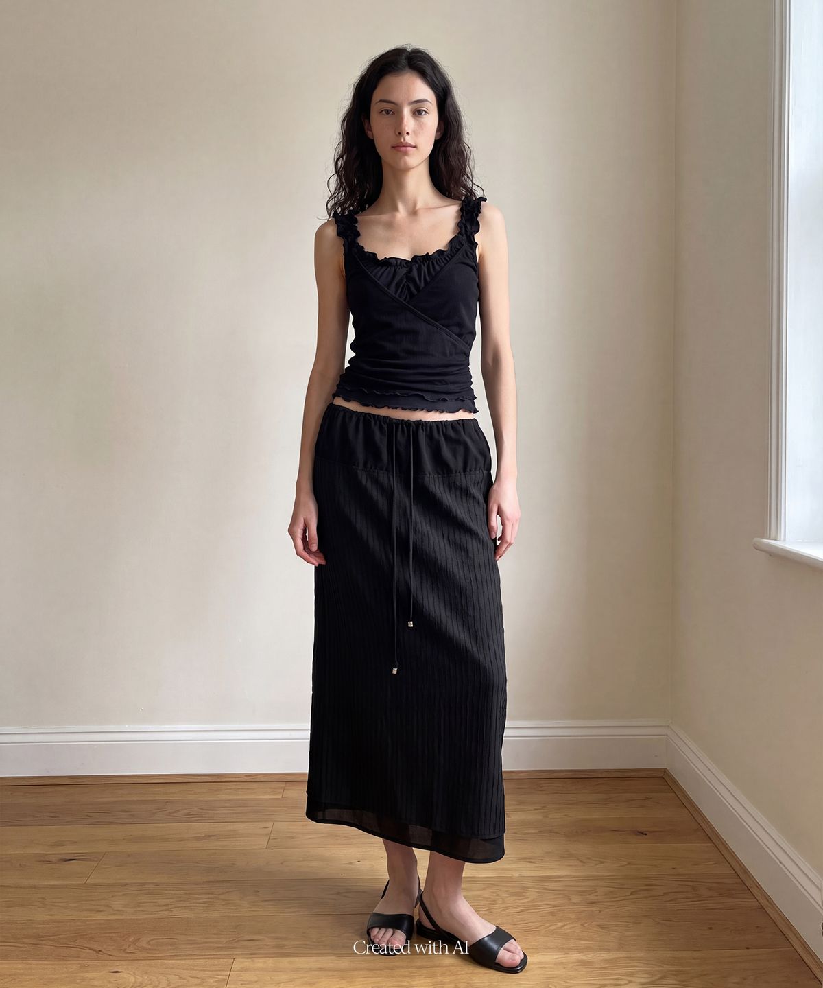 런던다다(LONDONDADA) Stripe Layered Midi Skirt, BLACK