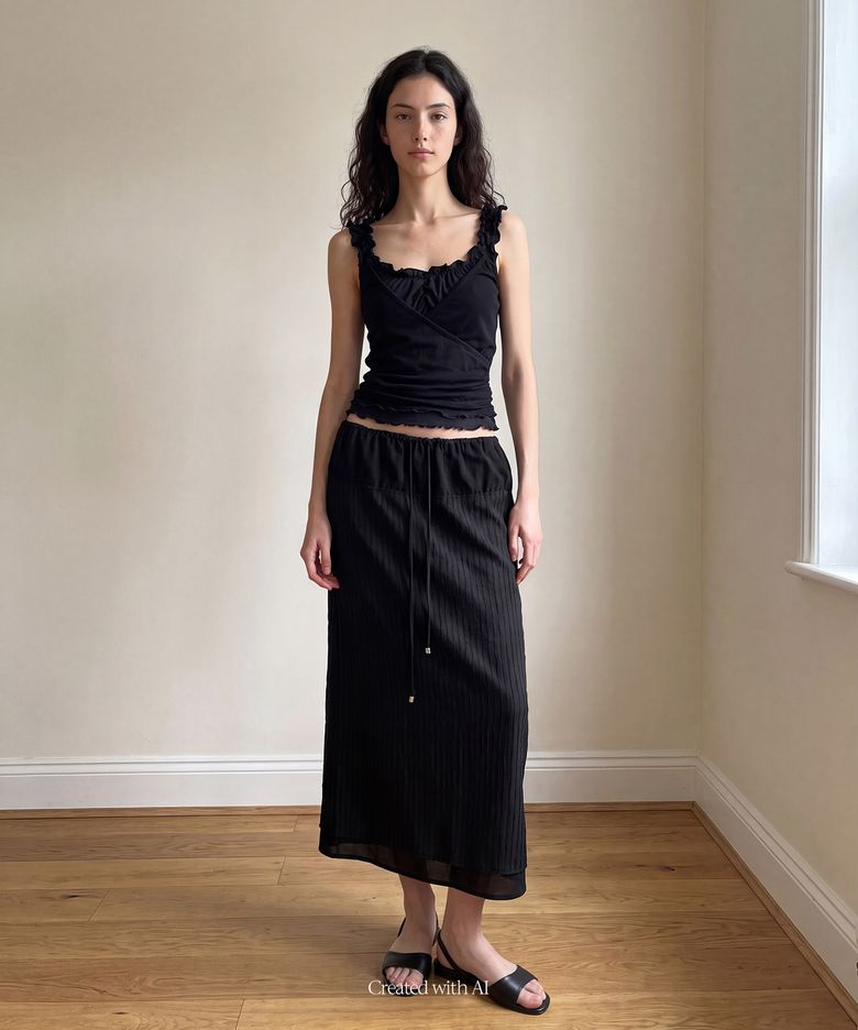 Stripe Layered Midi Skirt, BLACK