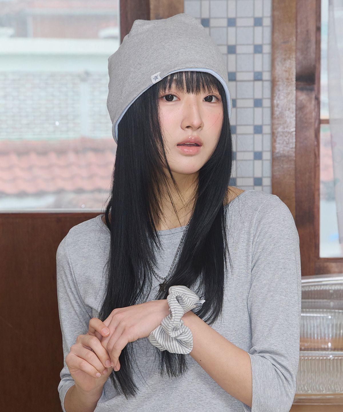 키이비(KIIBI) cozy stripe reversible beanie sky blue