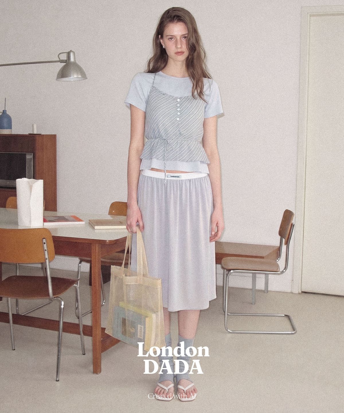 런던다다(LONDONDADA) Sheer Stripe Halter Tank Top, GREY