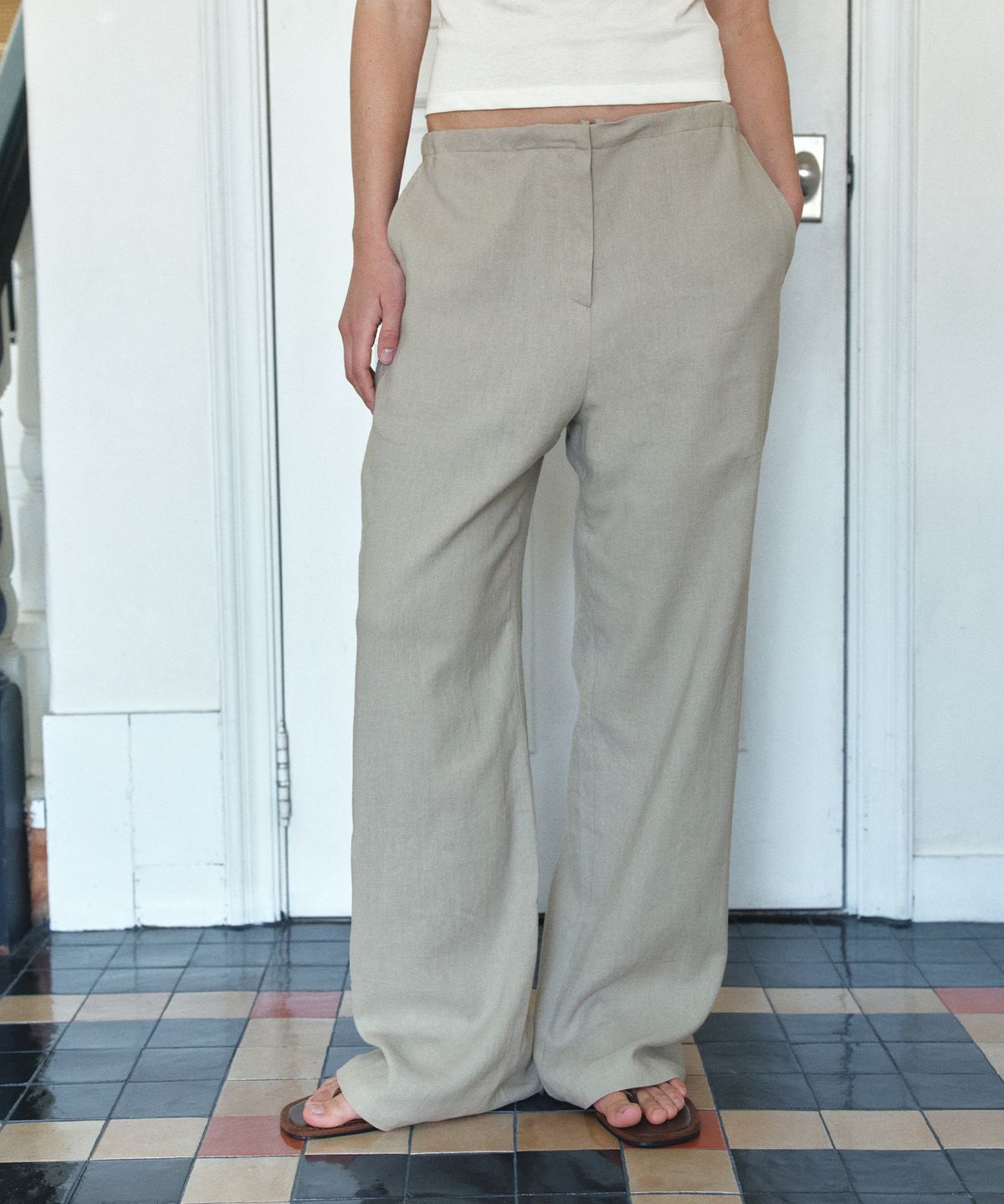 반원 아틀리에(VANONE ATELIER) P3306 리넨 블렌드 팬츠_Khaki gray